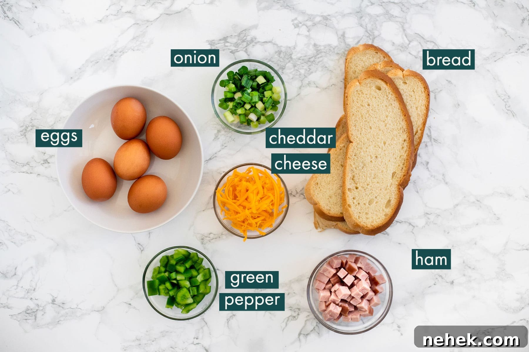 How to Make a Classic Western Sandwich (Ham, Egg & Peppers) 3 Ingredients for a western sandwich with text labels.