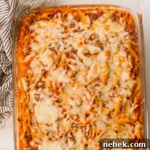 Overhead shot of hidden veggie lasagna in a baking dish fresh out of the oven