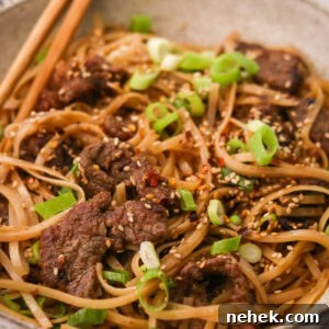 Bowl of Mongolian beef and noodles with green onions and sesame seeds on top