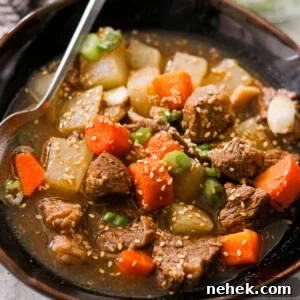 Close-up of a hearty Asian beef stew with slow-cooked beef, carrots, and daikon in a savory broth, topped with sesame seeds and fresh green onions.