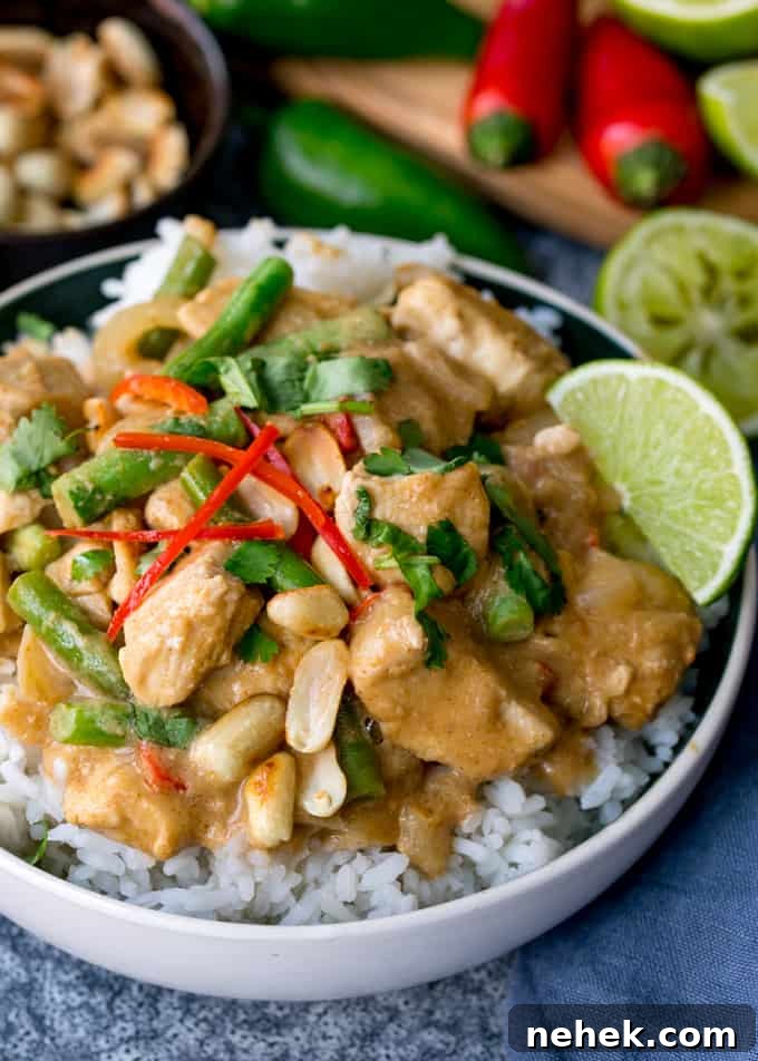 Close up of a bowl of rice topped with peanut butter chicken with green beans, chillies and coriander (cilantro)