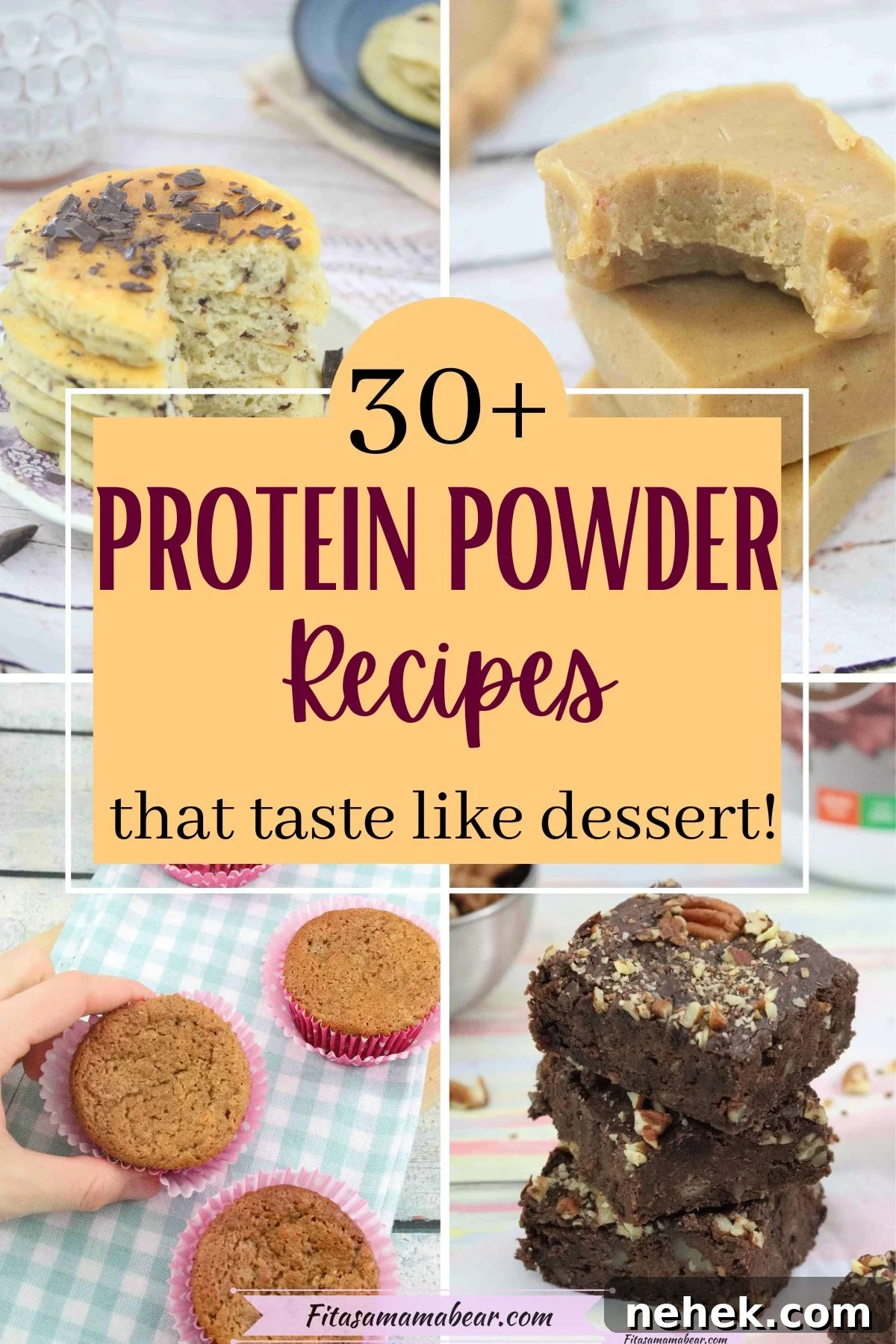 35 High-Protein Vegan Powder Recipes for Smoothies & Snacks 2 like brownies, pancakes, muffins, and fudge with text over top.