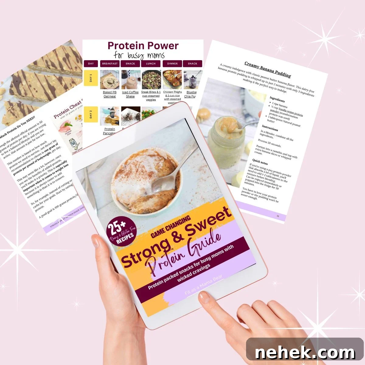 35 High-Protein Vegan Powder Recipes for Smoothies & Snacks 38 Promotion image with an e-book in front and two hands holding it with pages behind it.