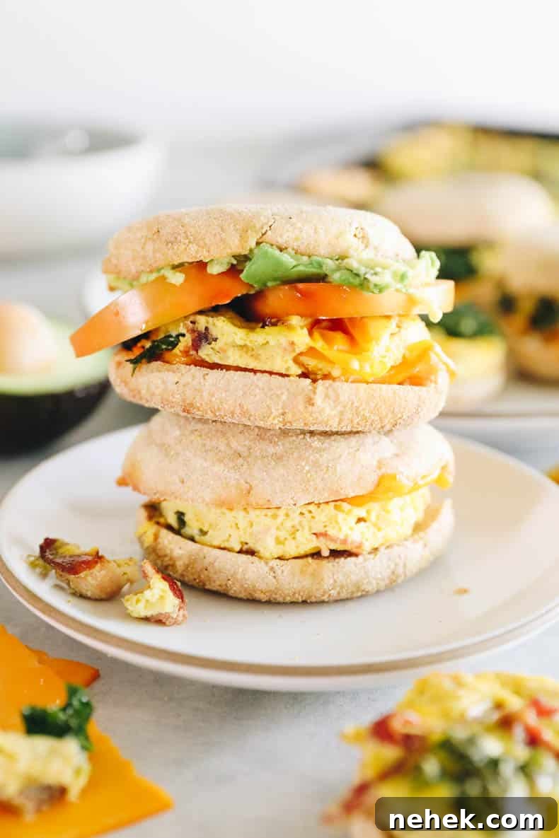 Meal prep breakfast sandwiches stacked on a plate.