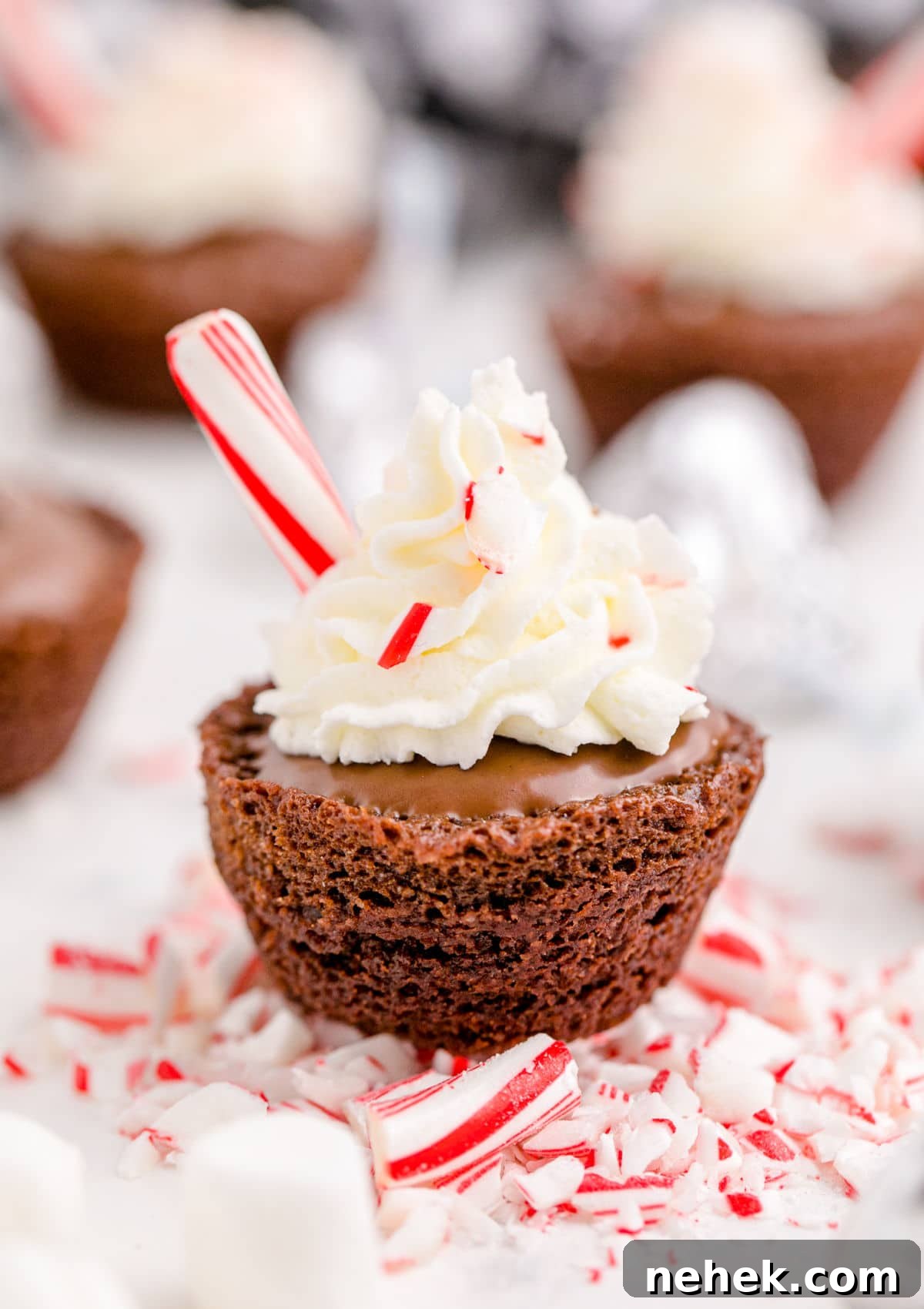 close up of a hot chocolate brownie, with whipped cream on the top scattered with peppermint sticks