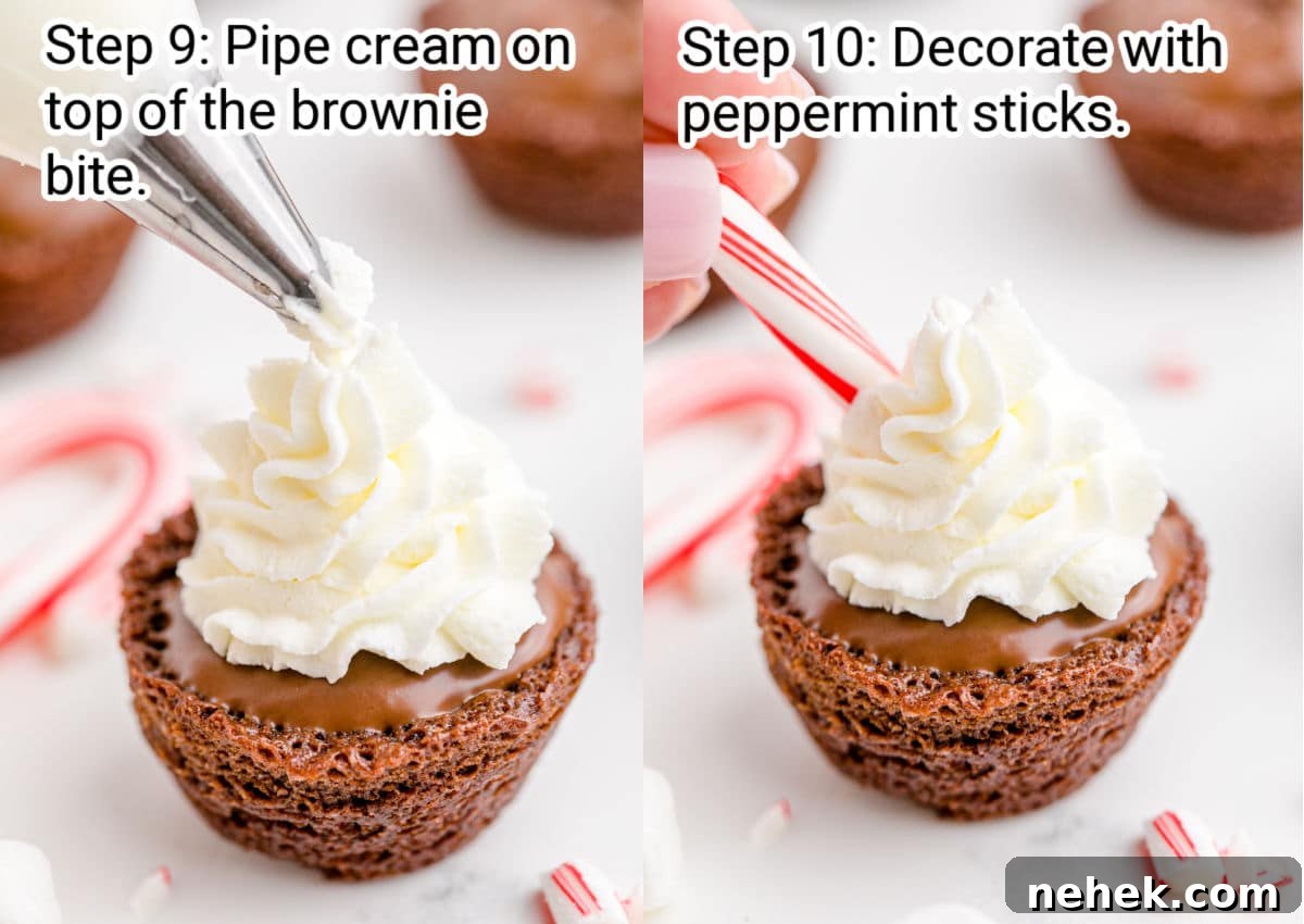 two images side by side, one showing cream being piped onto a brownie bites the other is a decorated brownie bite with cream and peppermint sticks