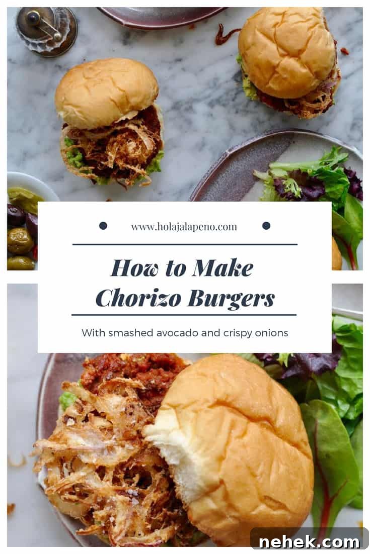 Chorizo Burgers with Smashed Avocado & Crispy Fried Onions 4 These chorizo burgers are made with Mexican chorizo and ground beef then topped with smashed avocado and a generous pile of crispy fried red onion strings. #burger #chorizo #burgerrecipe #chorizorecipe