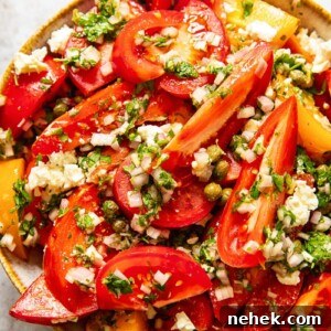 top down view of tomato salad in a bowl