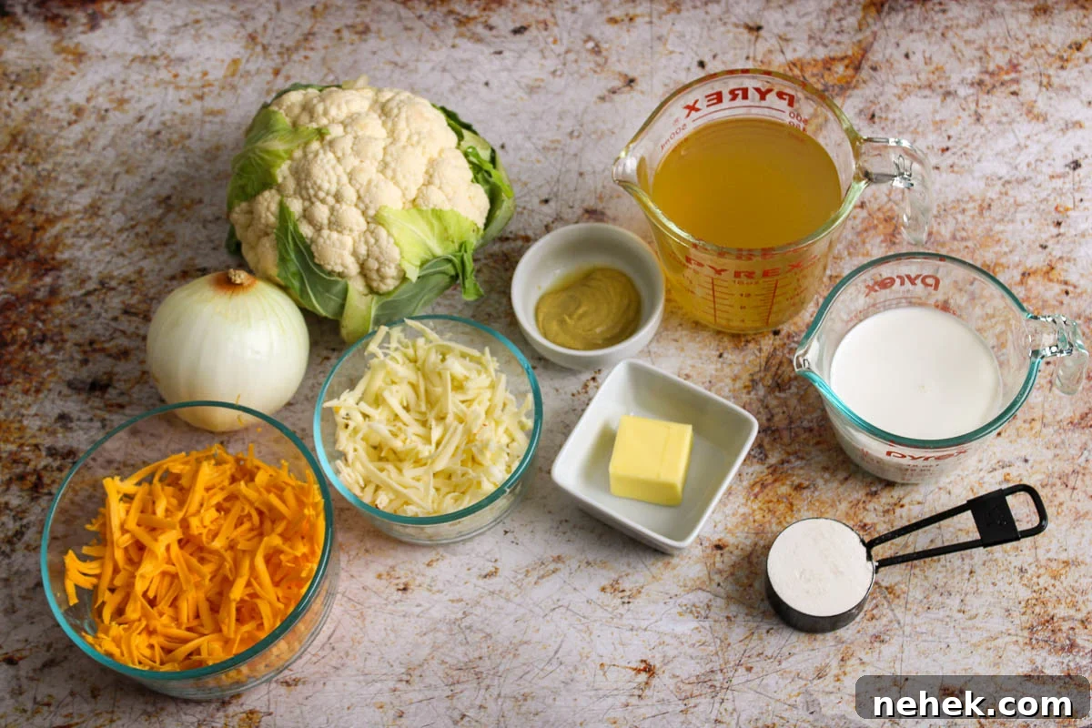 Ingredients needed to make cauliflower and cheese soup.