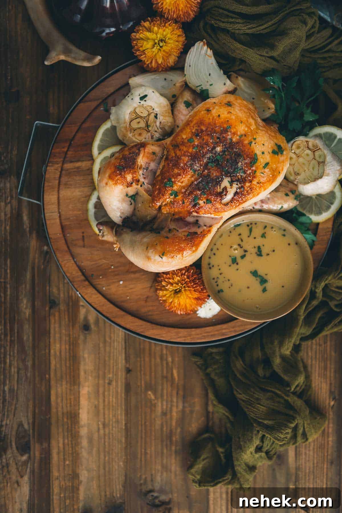 Roasted chicken with white wine pan sauce on a wooden table.