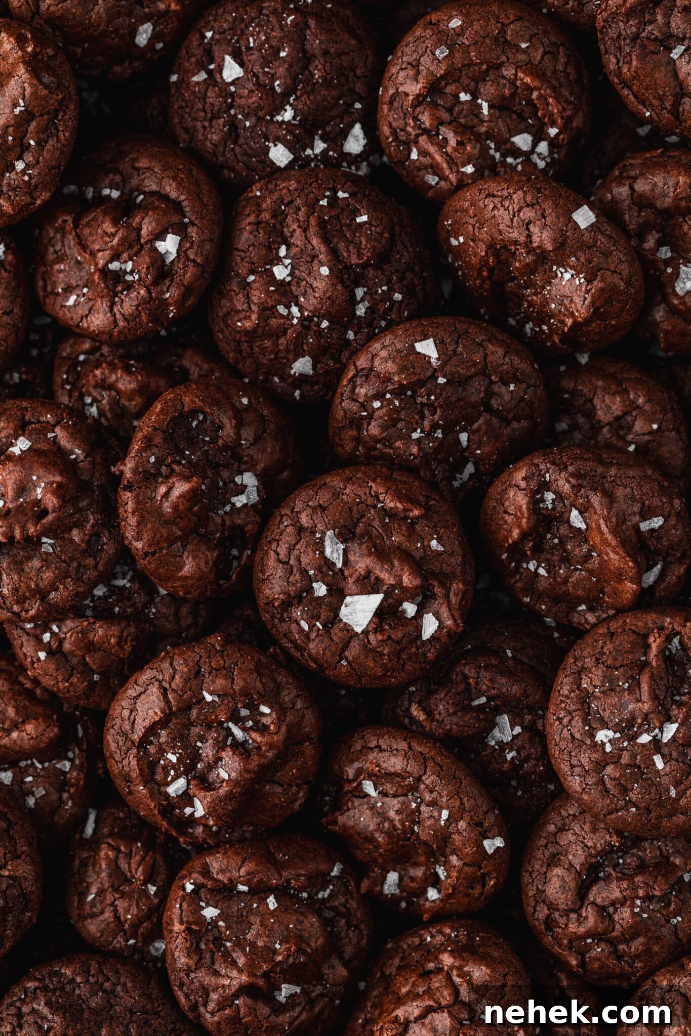Rows of mini chocolate brownie crinkle cookies with flaky salt.