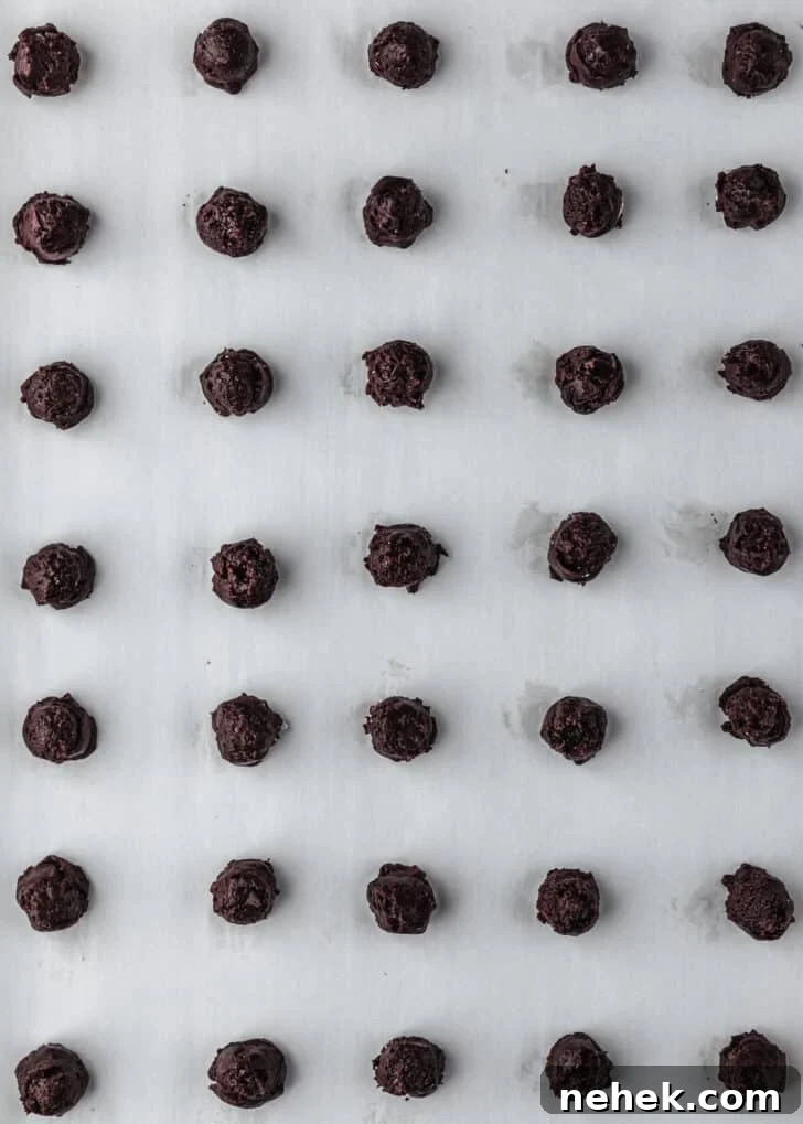 Raw mini chocolate brownie crinkle cookies on parchment paper.