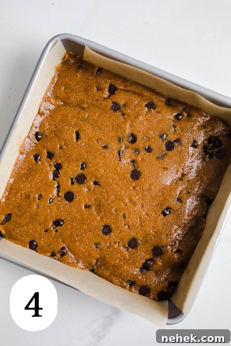 Gluten-Free Pumpkin Chocolate Chip Blondies — Fall Dessert Recipe 7 Blondie batter in a baking pan.