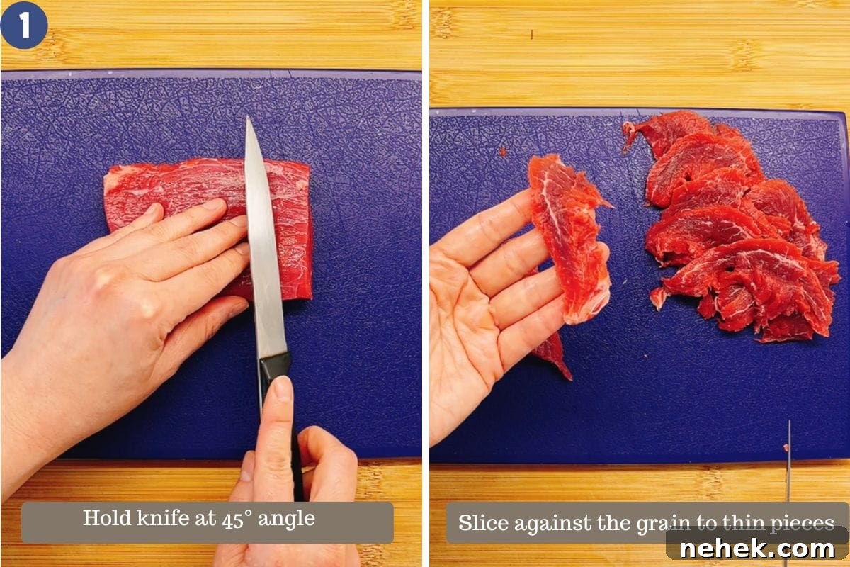 Two-step image: Left—hand holds a raw beef steak on a blue cutting board, slicing at a 45° angle; right—thin beef slices for Beef with Chinese broccoli are arranged. Text: Hold knife at 45°; Slice against the grain to thin pieces.