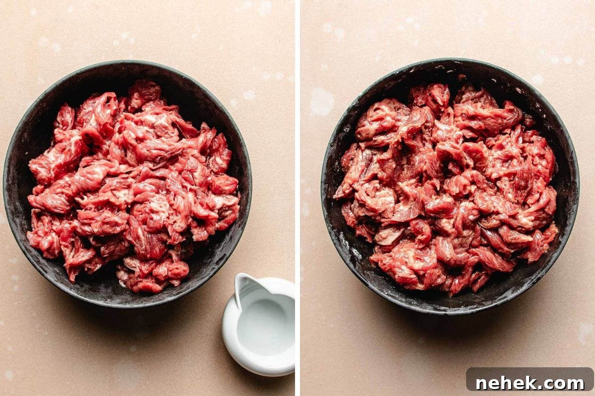 Two side-by-side images show a black bowl filled with raw, sliced beef. On the left, the beef is seasoned; on the right, it's marinated, ready for dishes like Beef with Chinese broccoli. A small white seasoning sauce dish sits near the bowl in the left image.