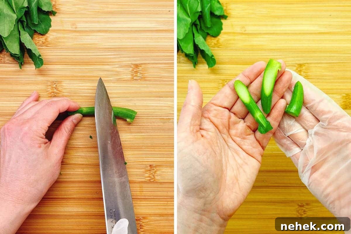 A person slices Chinese broccoli stems on a wooden cutting board in the left image, and in the right image, holds cut broccoli pieces, wearing a disposable glove, with leafy greens—perfect companions to Beef with Chinese broccoli—above.