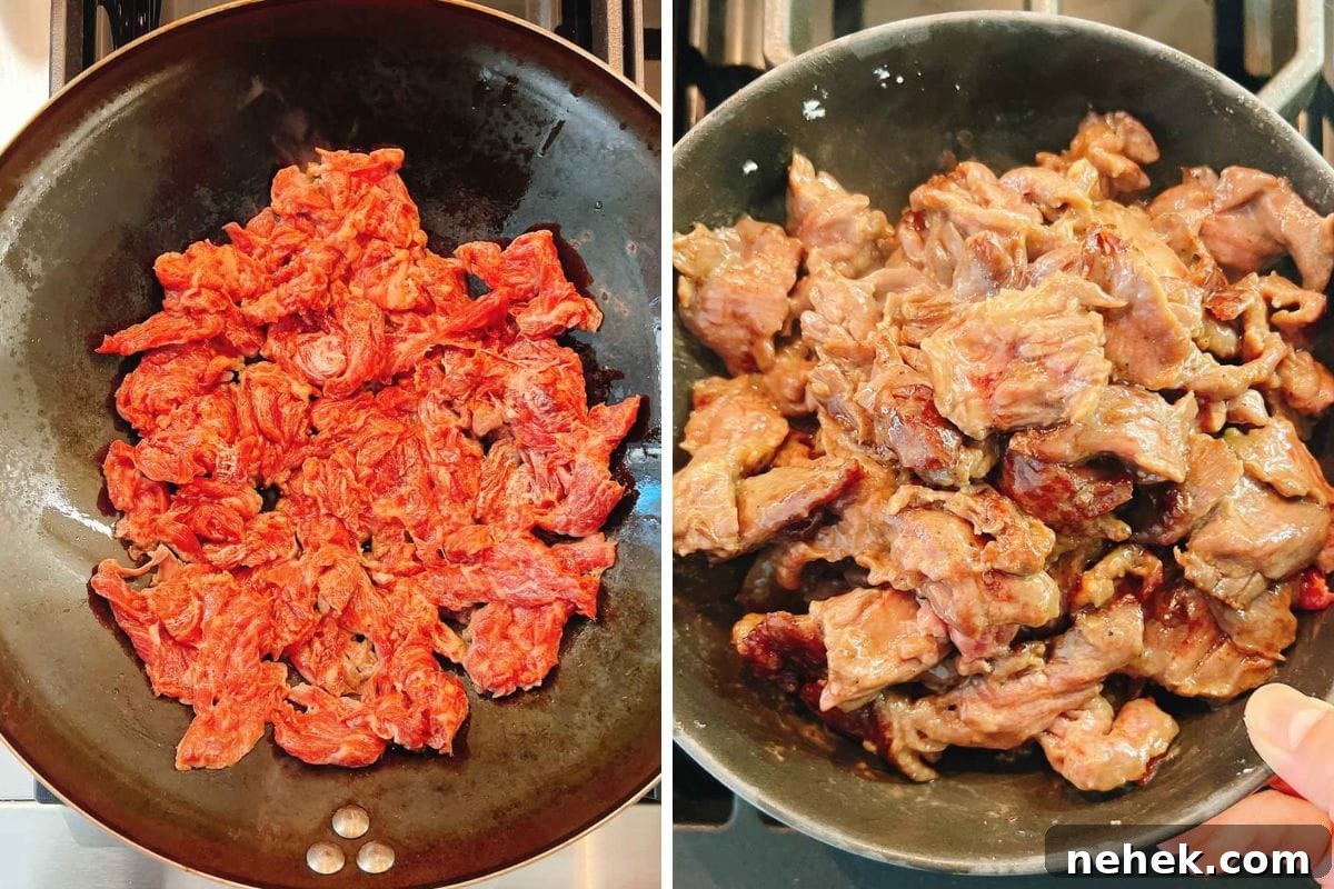 Side-by-side images of a skillet show sliced raw beef on the left in a hot wok and browned beef pieces on the right, both on a stovetop—perfect for preparing Beef with Chinese broccoli.