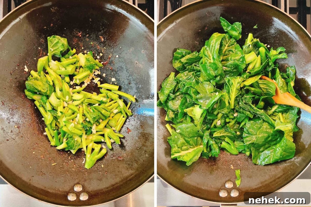 Side-by-side images of a wok on a stove. Left: chopped Chinese broccoli stems being stir-fried with garlic, like in Beef with Chinese broccoli. Right: the same wok with wilted Chinese broccoli leafy parts, mixed and stirred with a wooden spoon.
