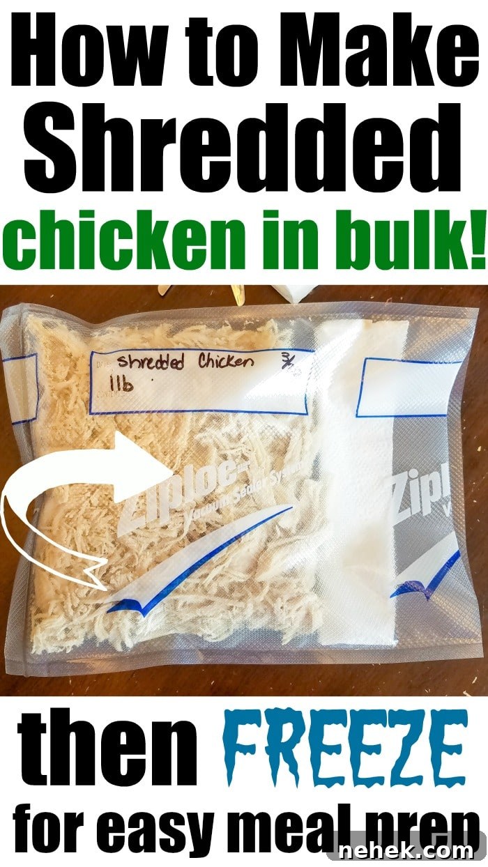 Image of shredded chicken stored in resealable plastic bags, labeled with the weight. Text on the image reads: How to Make Shredded Chicken on the Stove for Bulk Cooking! Then Freeze for easy meal prep.