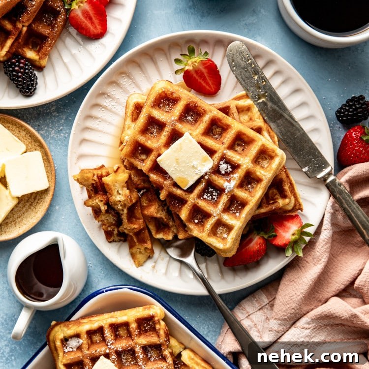 Plate of buttermilk waffles topped with butter and syrup with fork cutting into the waffles and butterknife on the side of the plate.