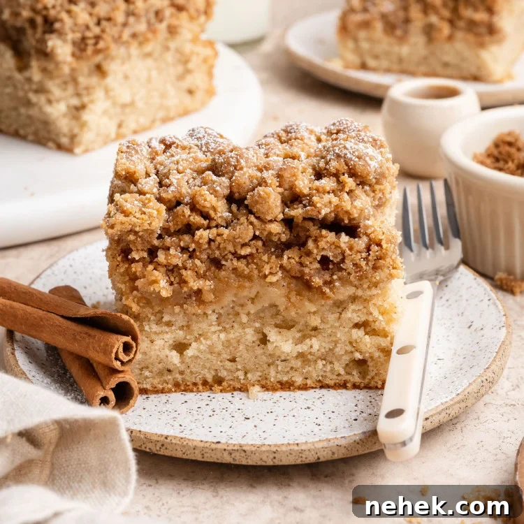 A thick slice of cinnamon crumb cake on a speckled plate