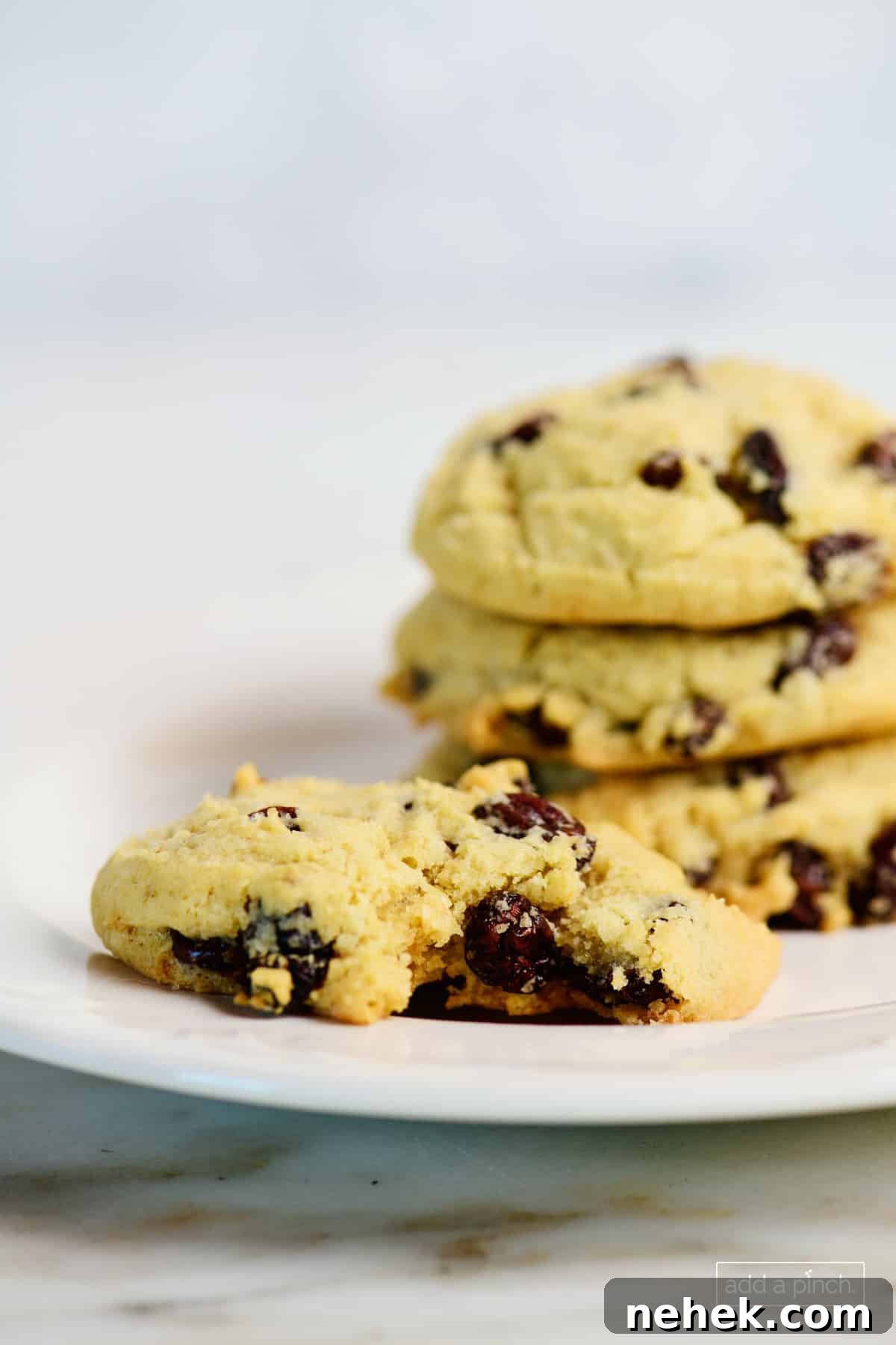 Stack of oatmeal raisin cookies with one bitten on a white plate. 