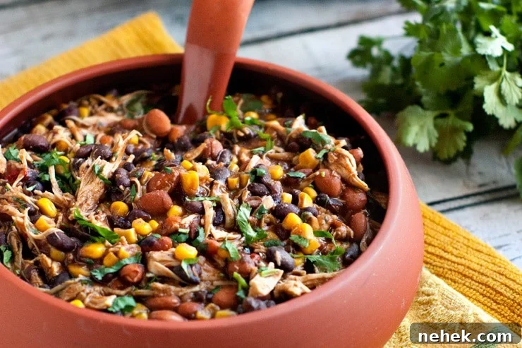 Large red bowl of Slow Cooker Salsa Chicken Chili with corn and beans.