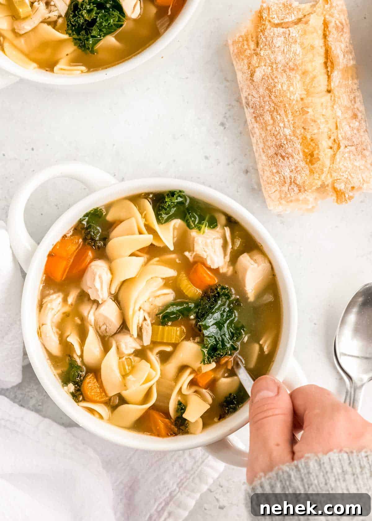 Classic Homemade Chicken Noodle Soup Recipe for Comforting Meals 12 a hand picking up a spoon from the classic chicken noodle soup
