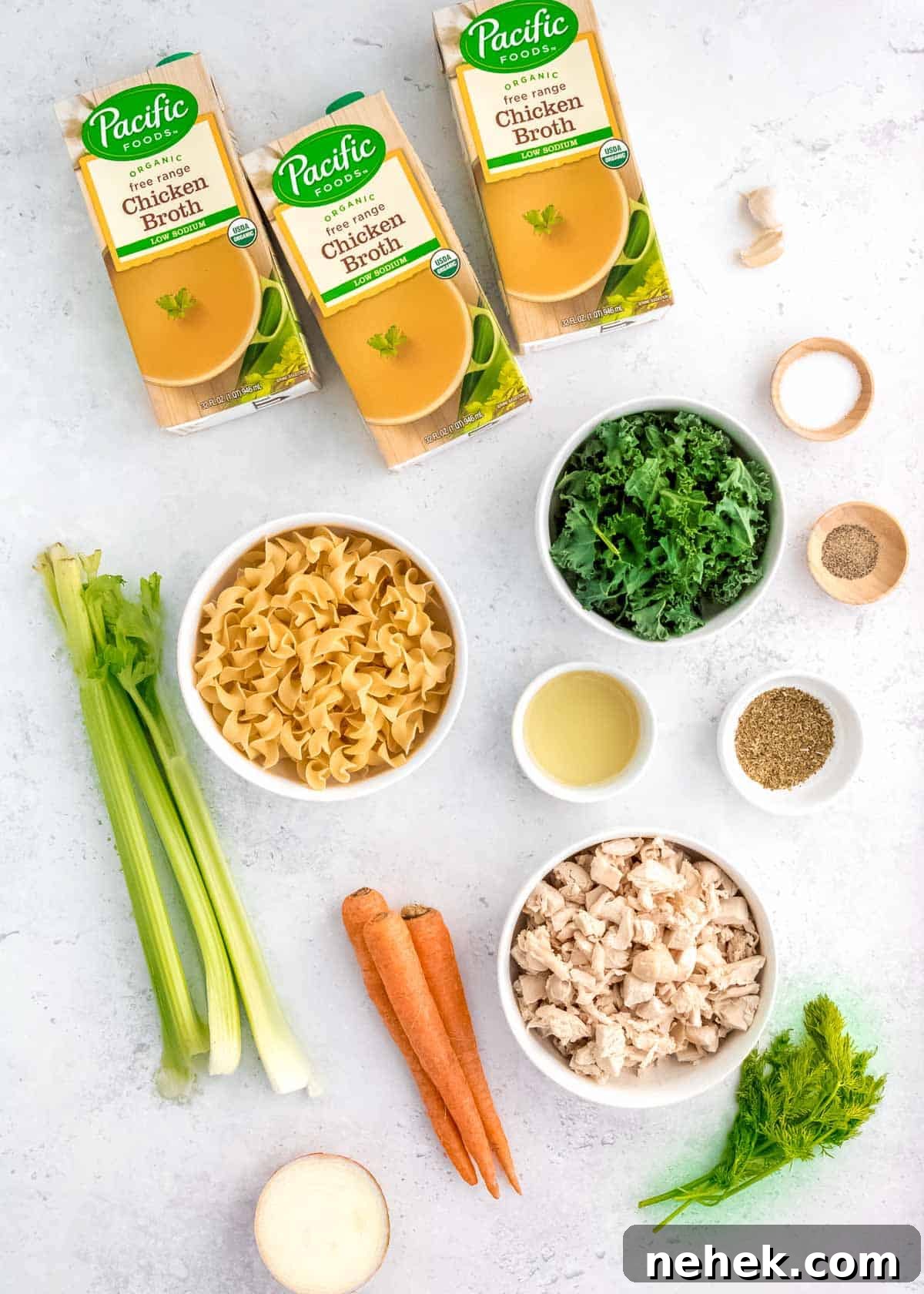 Classic Homemade Chicken Noodle Soup Recipe for Comforting Meals 3 all ingredients needed for chicken and egg noodle soup on a white background