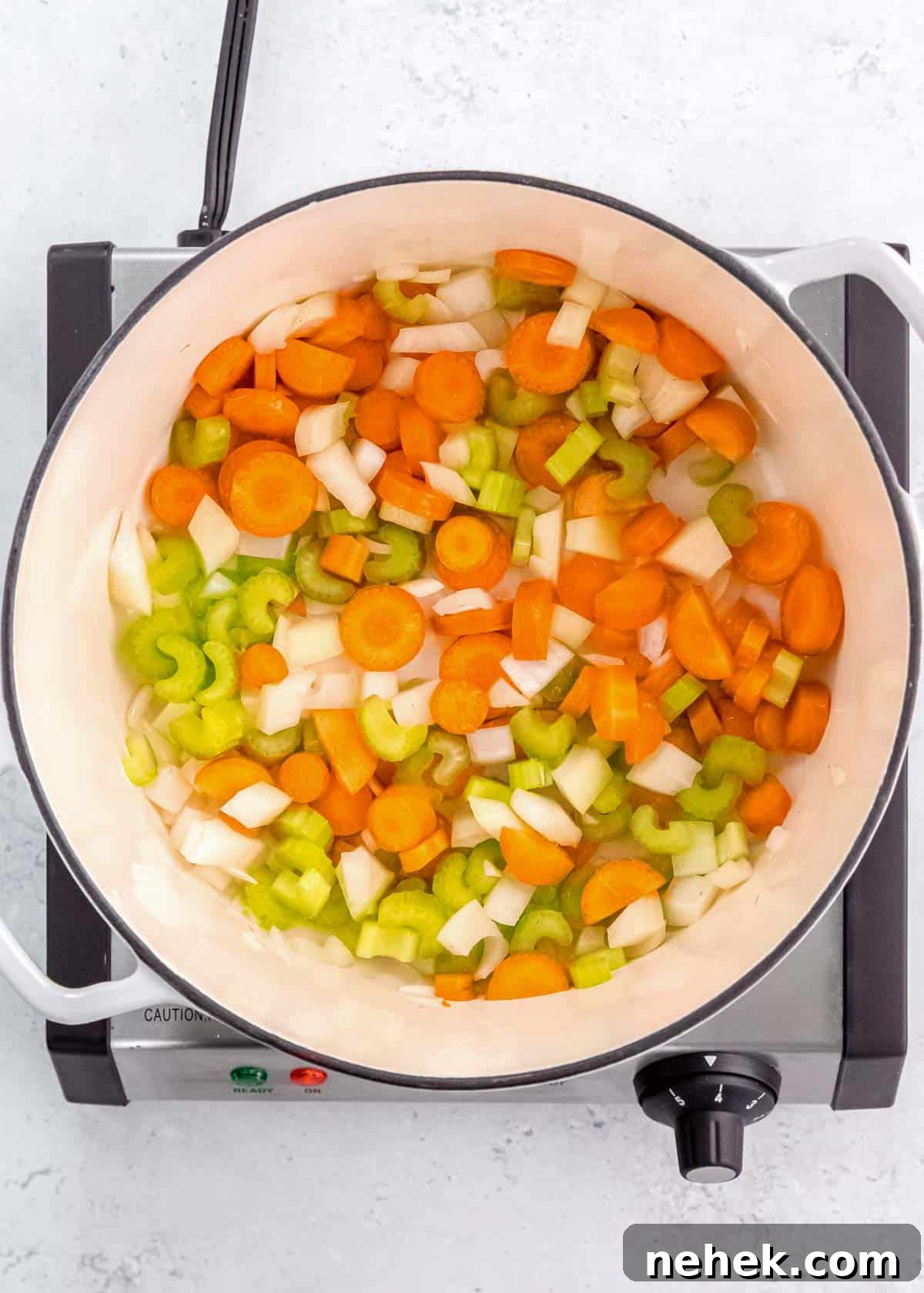 Classic Homemade Chicken Noodle Soup Recipe for Comforting Meals 4 carrots, celery, and onion sautéing in a large dutch oven