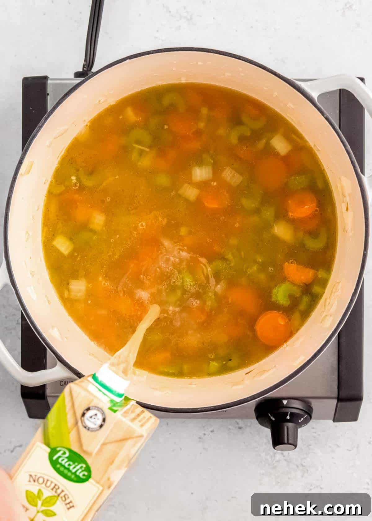 Classic Homemade Chicken Noodle Soup Recipe for Comforting Meals 5 broth pouring into a dutch oven filled with simple vegetables