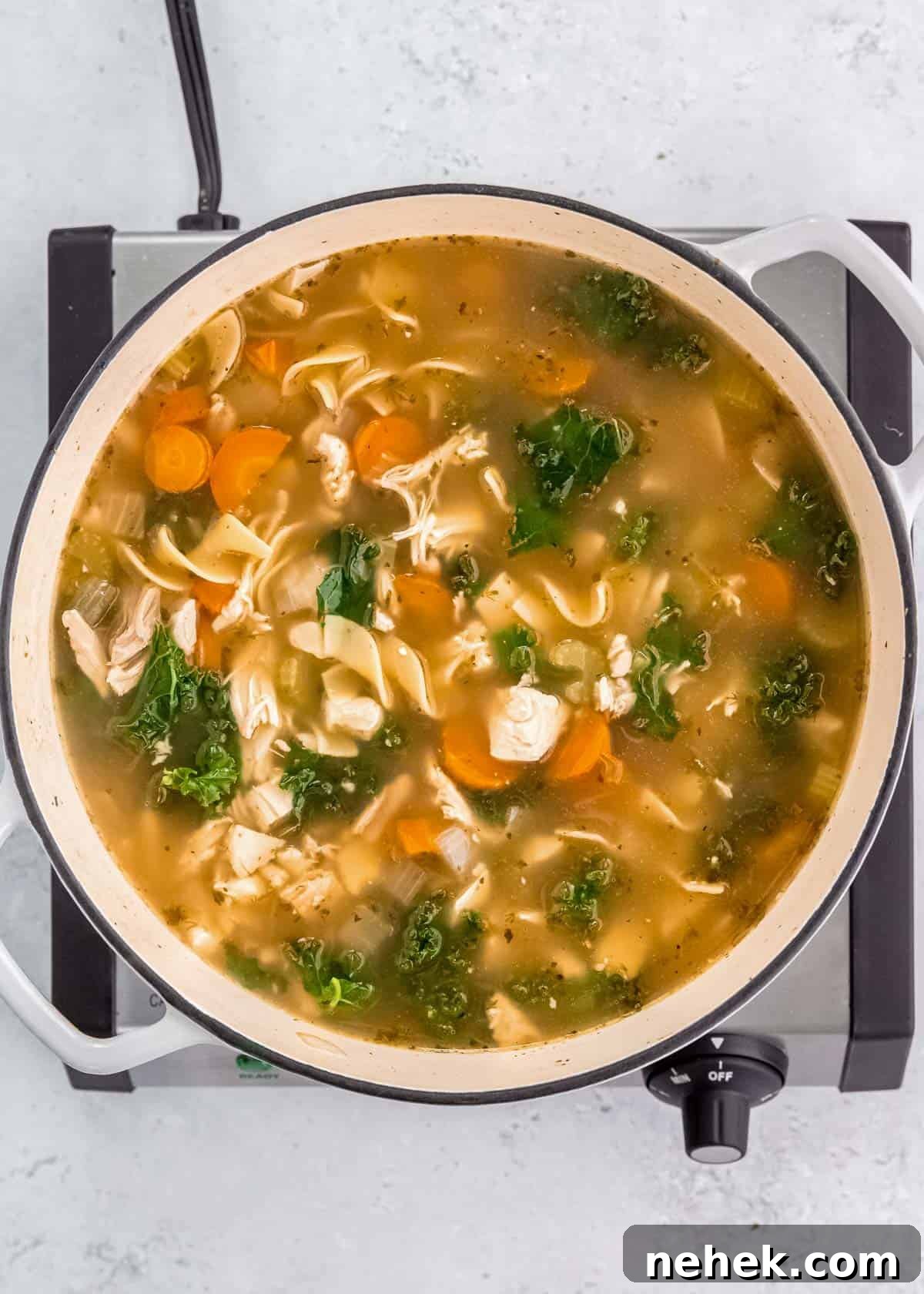 Classic Homemade Chicken Noodle Soup Recipe for Comforting Meals 9 a large pot of chicken, egg noodles, and vegetable soup