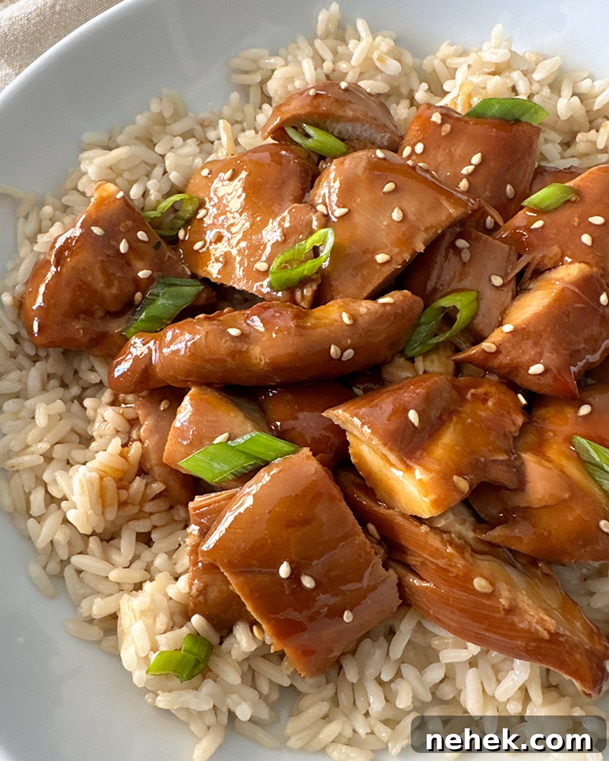 overhead shot of teriyaki chicken served over white rice garnished with green onion and sesame seeds