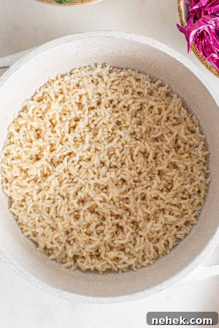 Cooked brown rice in a large pot.