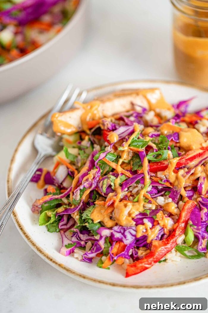 Plate of Thai chopped salad with tofu, peanut sauce, brown rice and chopped veggies.
