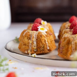 Raspberry and Chamomile Tea Cakes with Lemon Glaze 6 Close up of mini raspberry chamomile cakes