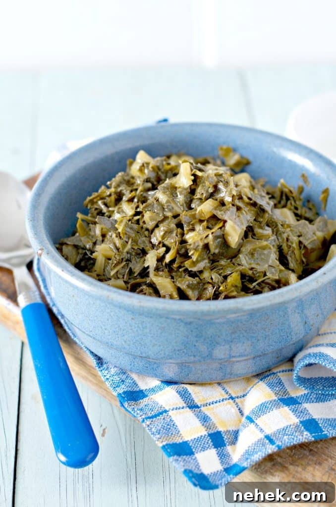 A close up photo from the side of HOW TO COOK CANNED COLLARD GREENS
