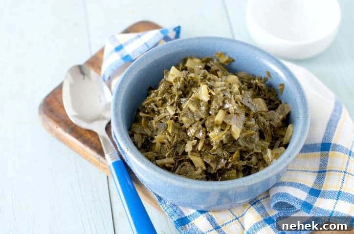 A close up photo from above of HOW TO COOK CANNED COLLARD GREENS