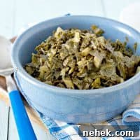 A close up photo from the side of HOW TO COOK CANNED COLLARD GREENS