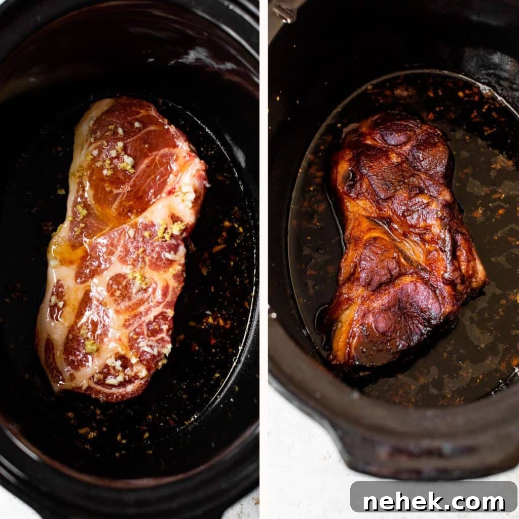 uncooked and cooked pork shoulder in a slow cooker