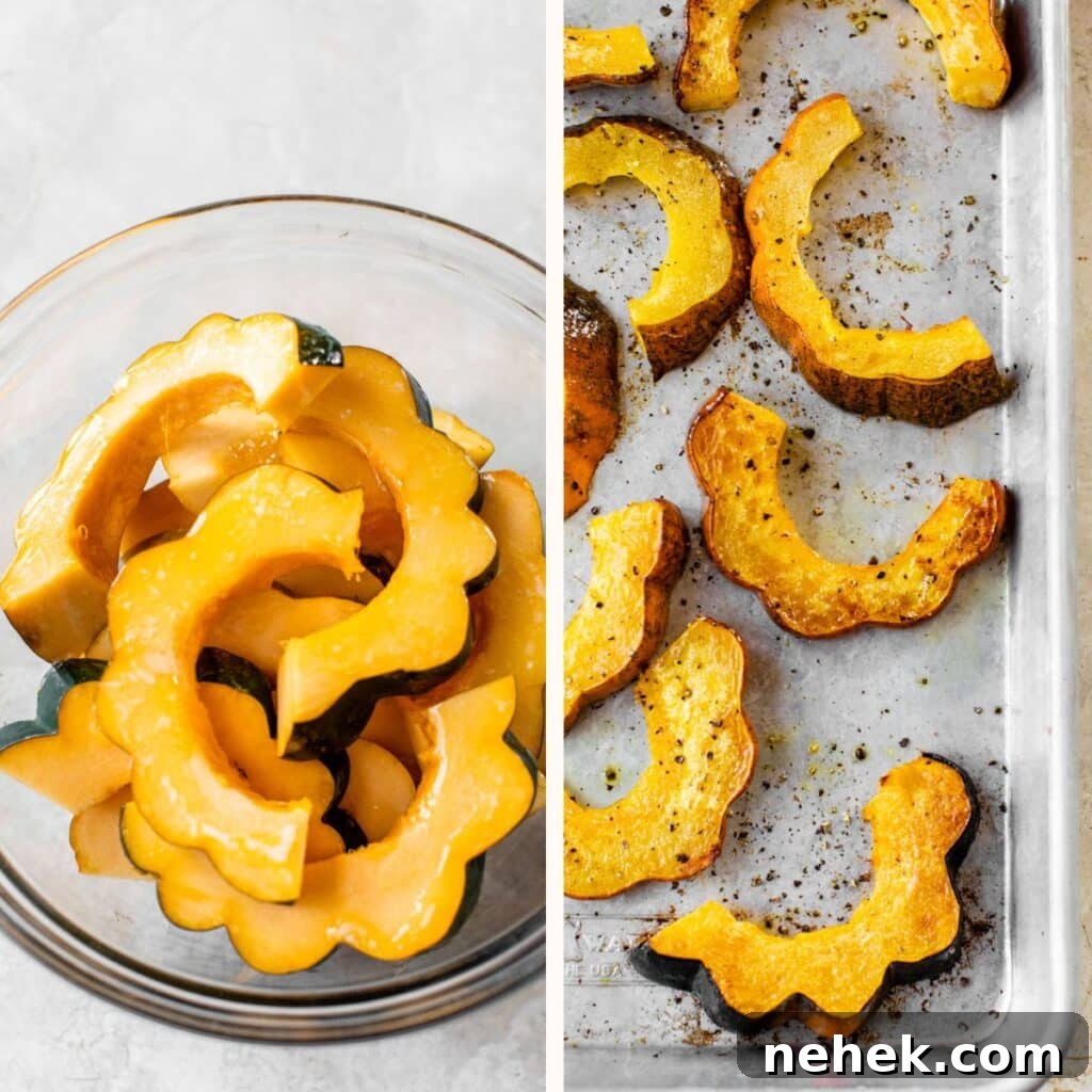 raw sliced acorn squash in a bowl on the left and roasted acorn squash on a baking sheet on the right
