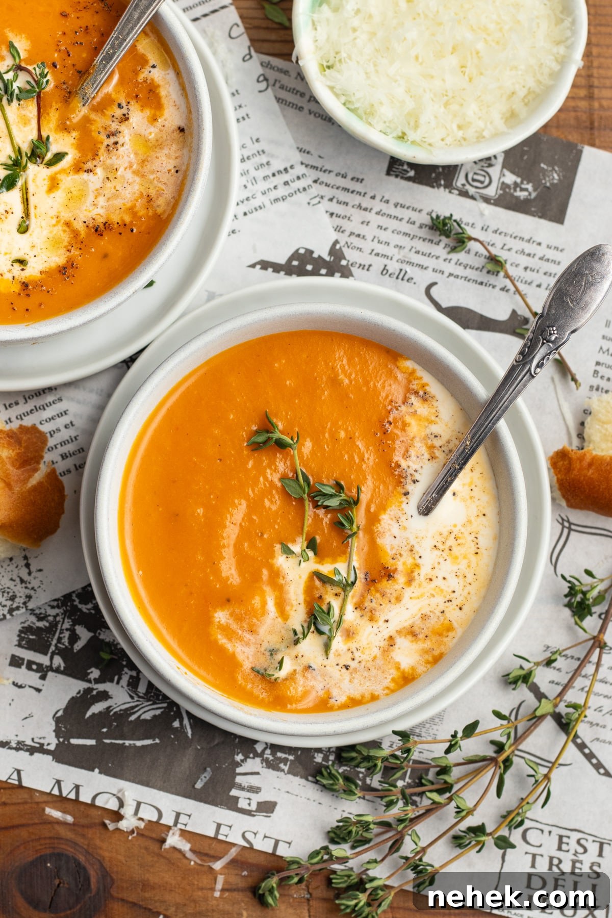 Roasted Tomato and Butternut Squash Soup Recipe 2 This is a picture of a bowl of tomato butternut squash soup.