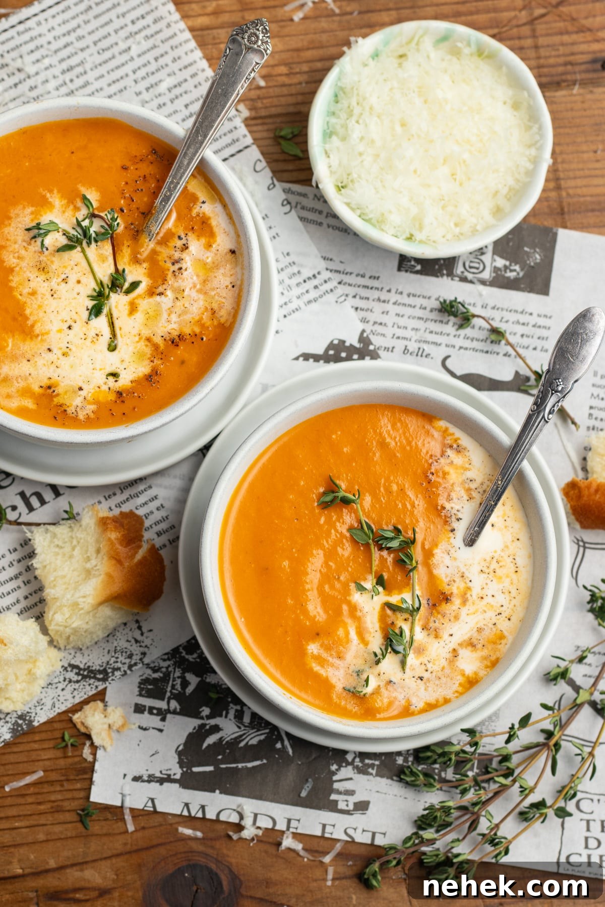 Roasted Tomato and Butternut Squash Soup Recipe 15 This is a picture of two bowls of roasted tomato butternut squash soup.