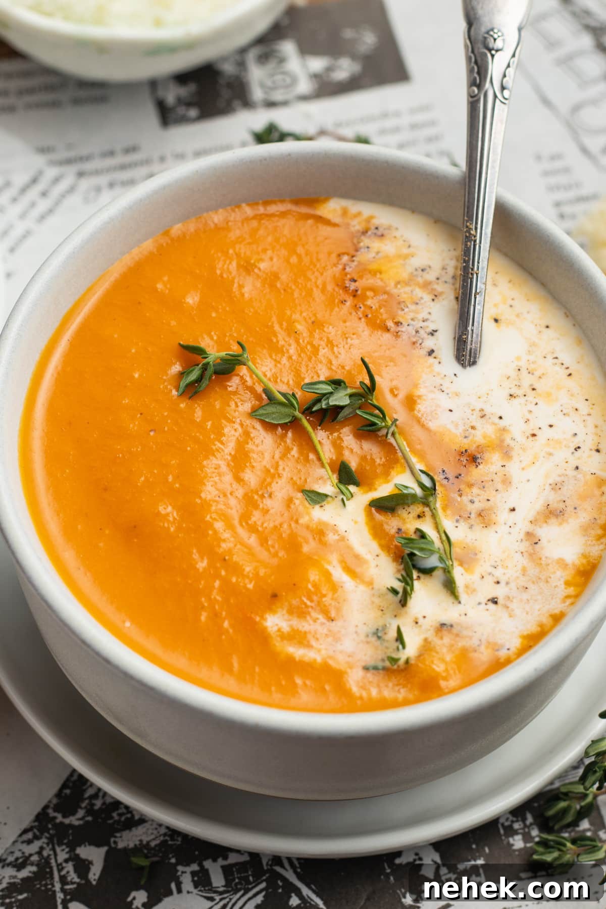 Roasted Tomato and Butternut Squash Soup Recipe 3 This is a picture of a bowl of tomato butternut squash soup.