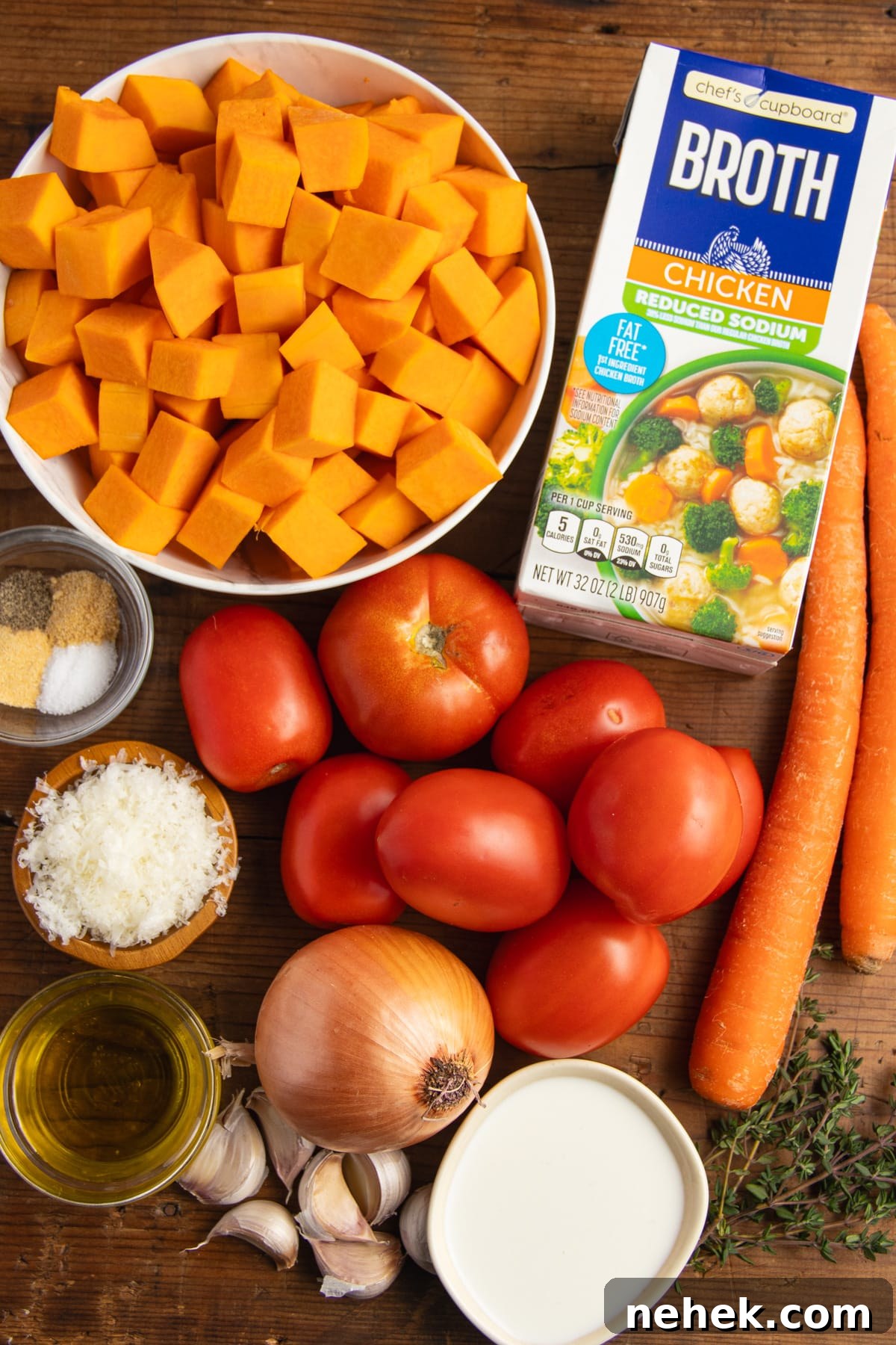 Roasted Tomato and Butternut Squash Soup Recipe 4 This is a picture of the ingredients used to make roasted tomato butternut squash soup.