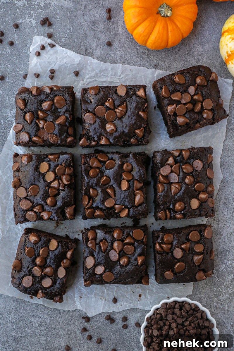 Fudgy Butternut Squash Brownies with Dark Chocolate Swirl 7 Butternut squash brownies sitting on a piece of parchment paper next to a small bowl of chocolate chips and 2 small pumpkins