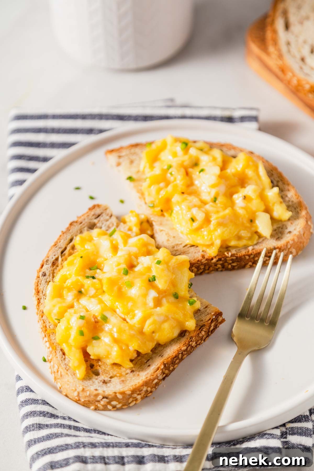 scrambled eggs on bread.