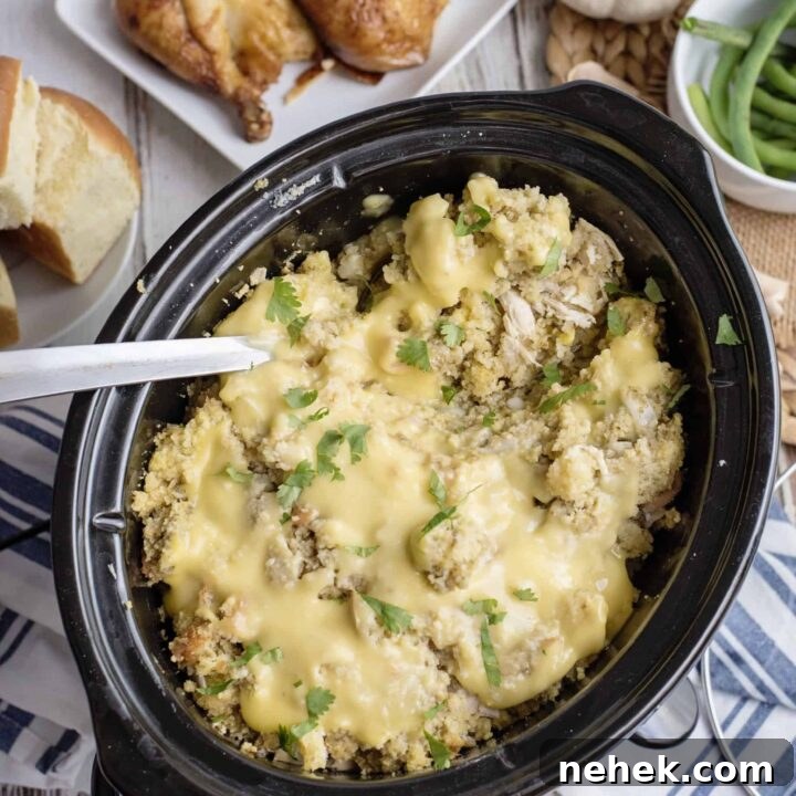 crock pot cornbread dressing in a dish