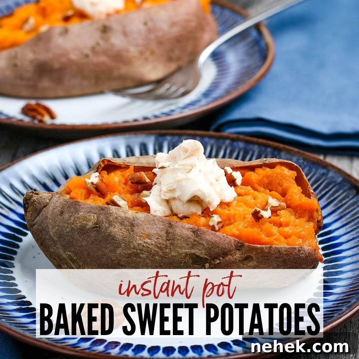 baked sweet potato sliced open with butter and pecans