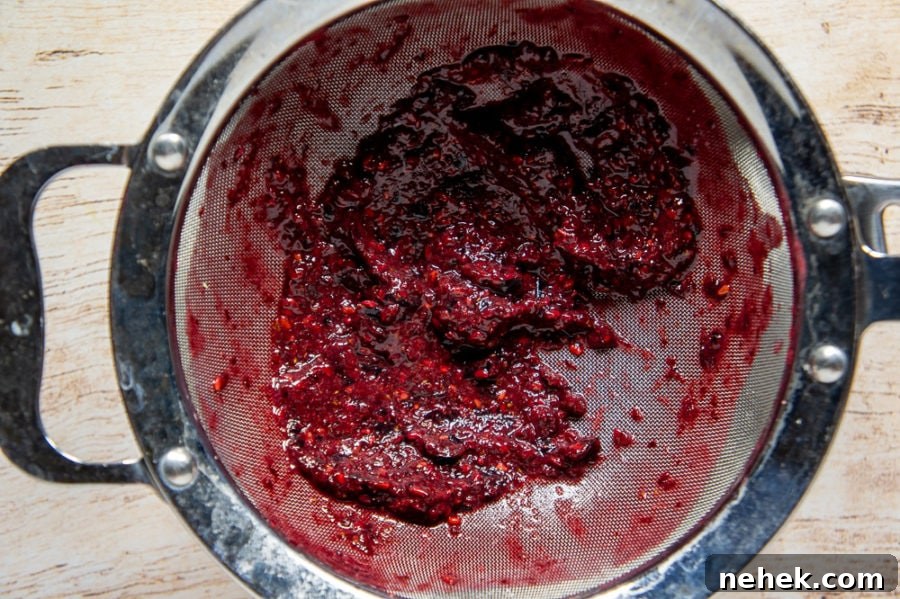 a strainer with blackberry pulp and seeds in it